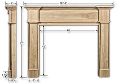 an image of a wooden fireplace surround with measurements for the top and bottom pieces on it