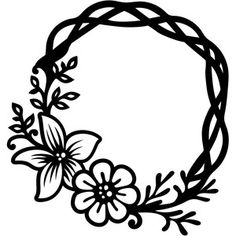 a black and white drawing of a wreath with flowers