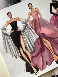 three women in evening gowns are drawn on paper