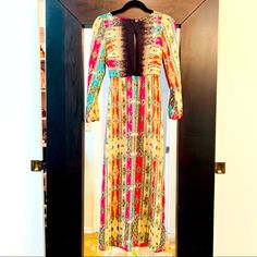 This Timeless Multi-Colored Dress Is So Versatile; Vintage, Boho Chic, Dressy, Casual Or Wear With Denim Jacket. The Size Is Xs-S Bc It Has Elastic Waist. It Has The Perfect Flow For A Long Dress And Is Super Comfortable. It’s Very “Johnny Was” Style But Got In A Boutique In S. Beach. Bohemian Midi Dress With Vibrant Print For Party, Spring Festival Multicolor Print Maxi Dress, Multicolor Maxi Dress For Spring Festival, Colorful Pattern Long Sleeve Party Dress, Spring Festival Multicolor Maxi Dress, Colorful Patterned Long Sleeve Party Dress, Colorful Long Sleeve Party Dress, Multicolor Boho Print Maxi Dress For Brunch, Multicolor Print Long Sleeve Dress For Festival