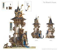 the wizard's house is shown in three different views