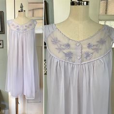 Vintage 50s nightgown.   -Palest lavender color. -Nylon with full chiffon overlay. -Wide straps and a scooped neckline. -Neckline is embellished with embroidered flowers. -Missing maker's label. PHOTOS ARE CONSIDERED PART OF THE DESCRIPTION Great vintage condition. Fits a Small.  However, please refer to the garment measurements to ensure a proper fit. Bust:  36" Hips:  44" Length:  37 1/2" All items are sold AS IS.  These are vintage pieces, 20 plus years old!  I may miss flaws or condition iss 50s Nightgown, Twst Oc, Vintage Nightwear, Sleeveless Cotton Vintage Nightgown, Vintage V-neck Nightgown For Loungewear, Vintage Cream Sleeveless Nightgown, Spring Vintage V-neck Nightgown, Vintage V-neck Nightgown With Lace Trim, Night Gowns