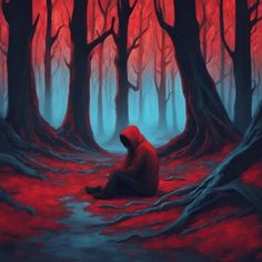 a painting of a person sitting in the middle of a forest with red and blue trees