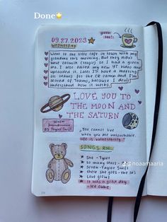 an open notebook with writing on it and pictures of teddy bears in the space between them