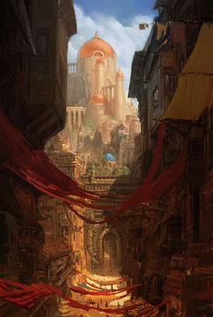 an image of a city with lots of buildings and red ribbon hanging from it's sides