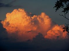 an orange cloud is in the sky above some trees