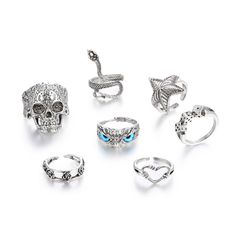 Material: Alloy Size: Alloy Fashion Element: Owl, Snake Style: INS Style Trendy Silver Skull Jewelry, Punk Style Metal Open Ring, Punk Style Metal Open Ring Jewelry, Grunge Ring, Rings Pack, Punk Skull, Owl Ring, Cobra Snake, Heart Rose