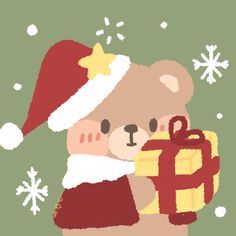 a teddy bear wearing a santa hat and holding a gift