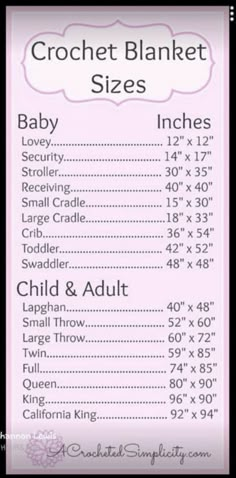 the crochet blanket size guide for babies and toddlers is shown in pink