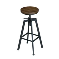 an industrial style stool with wooden seat and metal frame, against a white background or backdrop