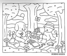 a coloring page with two teddy bears sitting in the woods and one bear is reading