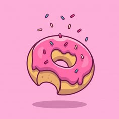 a donut with pink icing and sprinkles on it's side