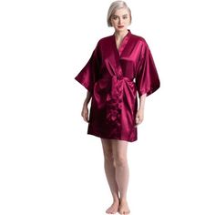 Lightweight silky smooth robe. These robes are built to last, so they act as great gifts and are very popular options for weddings/bridesmaids. These robes are awesome to snuggle up with at home after a long day or look cute in for photoshoots. These silky smooth robes are crafted of a premium blend of 95% Polyester, 5% Spandex fabric which makes them very durable and easy to maintain. Care instructions are a piece of cake, you can throw these robes in the wash on cold and tumble dry on low. Siz Elegant V-neck Robe In Solid Color, Fitted Satin V-neck Robe, Red Silk Robe Short, Red Cotton Robe With Kimono Sleeves, Red Long Sleeve Cotton Robe, Wedding Sleepwear, Long Silk Kimono, Bridal Sleepwear, Robe For Women