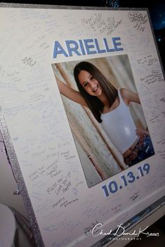 a poster with writing on it that says ariele 10 13 19 and has a photo of an attractive young woman