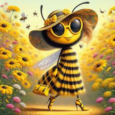 a painting of a bee with sunglasses and a hat