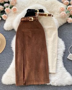 Elegant Corduroy High-Waist Skirts with Sleek Belt Detail Brown Aesthetic Vintage Outfit, High Waisted Outfits, Fall Neutral Outfits, Brown Clothes Aesthetic, Shein Fall Outfits, Shop Skirts, Corduroy Skirts, Corduroy Skirt Outfit, Folklore Dress