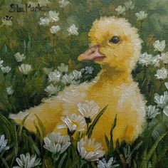 a painting of a duckling sitting in the grass with daisies and flowers around it