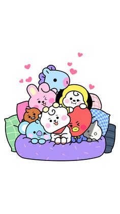 a bunch of stuffed animals sitting on top of a bed with hearts in the air