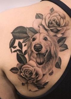 a woman with a dog and roses tattoo on her shoulder