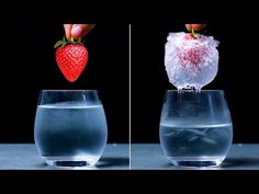 two pictures of strawberries being dropped into water