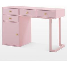 a pink desk with two drawers and gold handles