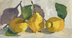 a painting of three lemons with green leaves