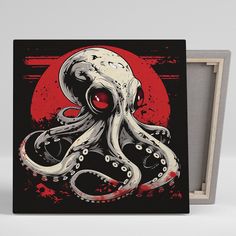 an octopus with red eyes is shown in front of a black and white painting on the wall