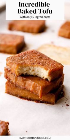 three pieces of cake sitting on top of each other with the words incredible baked food