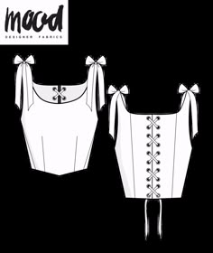 the front and back view of a cropped top with bows on it, designed by macd