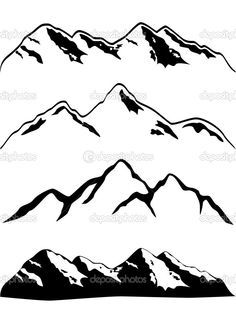 four mountain silhouettes in black and white on a white background stock photo, mountain silhouette, mountains, clip art, graphic design, royalty, illustration, illustrations, person, drawings, sketches, logos