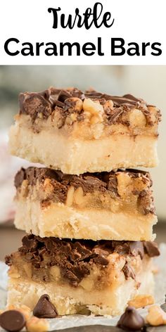 three pieces of turtle caramel bars stacked on top of each other