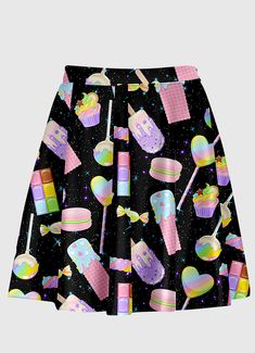 Plus Size Kidcore, Early 2010s Fashion, Kidcore Clothing, Aesthetic Skirt, Slytherin Fashion, Black Flare Skirt, Pattern Elements, Galaxy Black, Kidcore Aesthetic