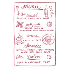 the menu is drawn in red ink and has different types of food, including bread, wine