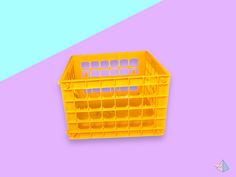 a yellow plastic container on a pink and blue background