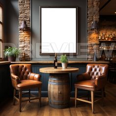 two leather chairs and a table in a bar with a large poster on the wall