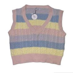 NEW Stradivarius Rainbow Fisherman Cable Knit Sweater Vest US M School Academia Aesthetic, Y2k Colorful, Cable Knit Sweater Vest, Rainbow Retro, Tweed Vest, Velvet Vest, Pink Vest, Rainbow Candy, Striped Vests