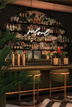 the bar is decorated with plants and bottles