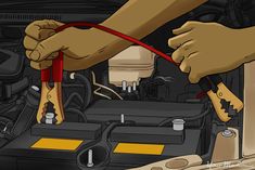 two hands are working on an electronic device in the engine compartment, while another hand is holding wires connected to it