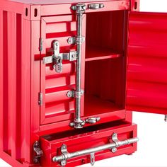 a red metal cabinet with two drawers and one door open to show the contents inside