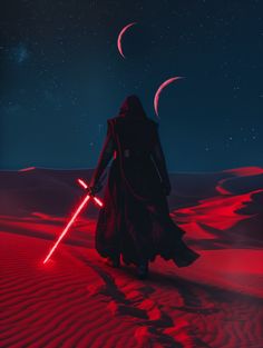 a person with a lightsaben walking in the desert at night, holding a light saber