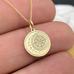 Dainty 14k Solid Gold Moon Compass Pendant, Personalized Moon Compass Necklace, Compass Moon Charm, Moon Necklace, Compass Gift 14k Solid Gold Choose What Size You Want the Pendant Using The First Option Box Choose If you Want Thinner, Thicker  Or Without Chain Using The Second Option Box Photos Are For The 0.5 inch Diameter Pendant Pendant thickness : 0.5mm  Contact us if you want it thicker Inner diameter of jump ring : 4mm Contact us if you need it bigger              No1 chain width : 0.76mm Luxury Elegant Medallion Necklace For Gift, Cheap Medallion Necklace For Gift, Luxury Elegant Necklace With Moon Phase, Celestial Compass Design Round Necklaces, Moon Phase Coin Necklace As Gift, Sun And Moon Design Charm Necklaces, Round Yellow Gold Charm Necklaces With Moon Phase, Yellow Gold Moon Phase Charm Necklaces, Yellow Gold Moon Phase Round Charm Necklaces