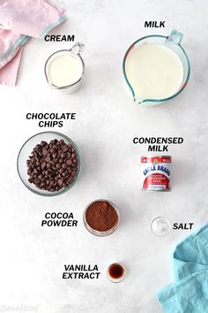 ingredients needed to make chocolate chip cookies laid out on a table