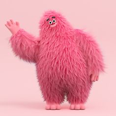 a pink furry creature standing in front of a pink background with one hand up to the side