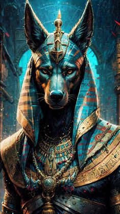 an egyptian dog dressed in armor and wearing a headdress, with his eyes closed