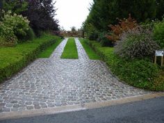 a stone path in the middle of a lush green park