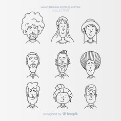 hand drawn people avatars collection in black and white, with the faces of men and women