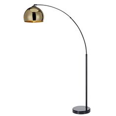 a black and gold floor lamp on a white background, with the light turned off