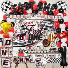 a race car themed birthday party with balloons and streamers