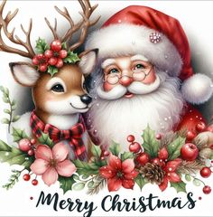 a christmas card with santa claus and a deer