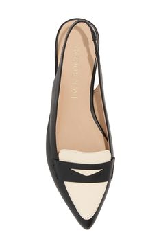 A pointy toe elevates a slingback flat with a sleek, loafer-inspired topline and penny strap. Leather upper and lining/rubber sole Imported